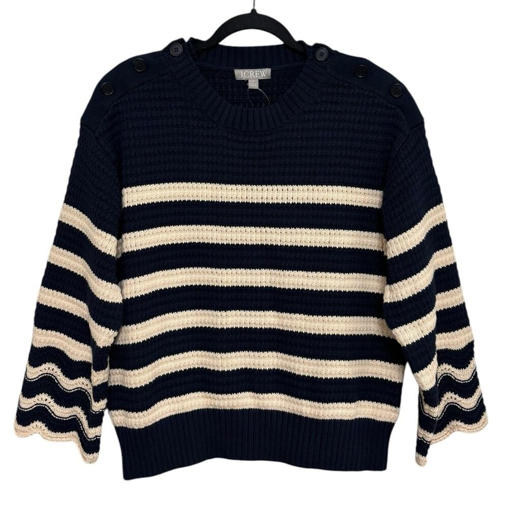 NEW J. Crew 100% Cotton Textured Crewneck Pullover Sweater Navy Ivory Stripe - M